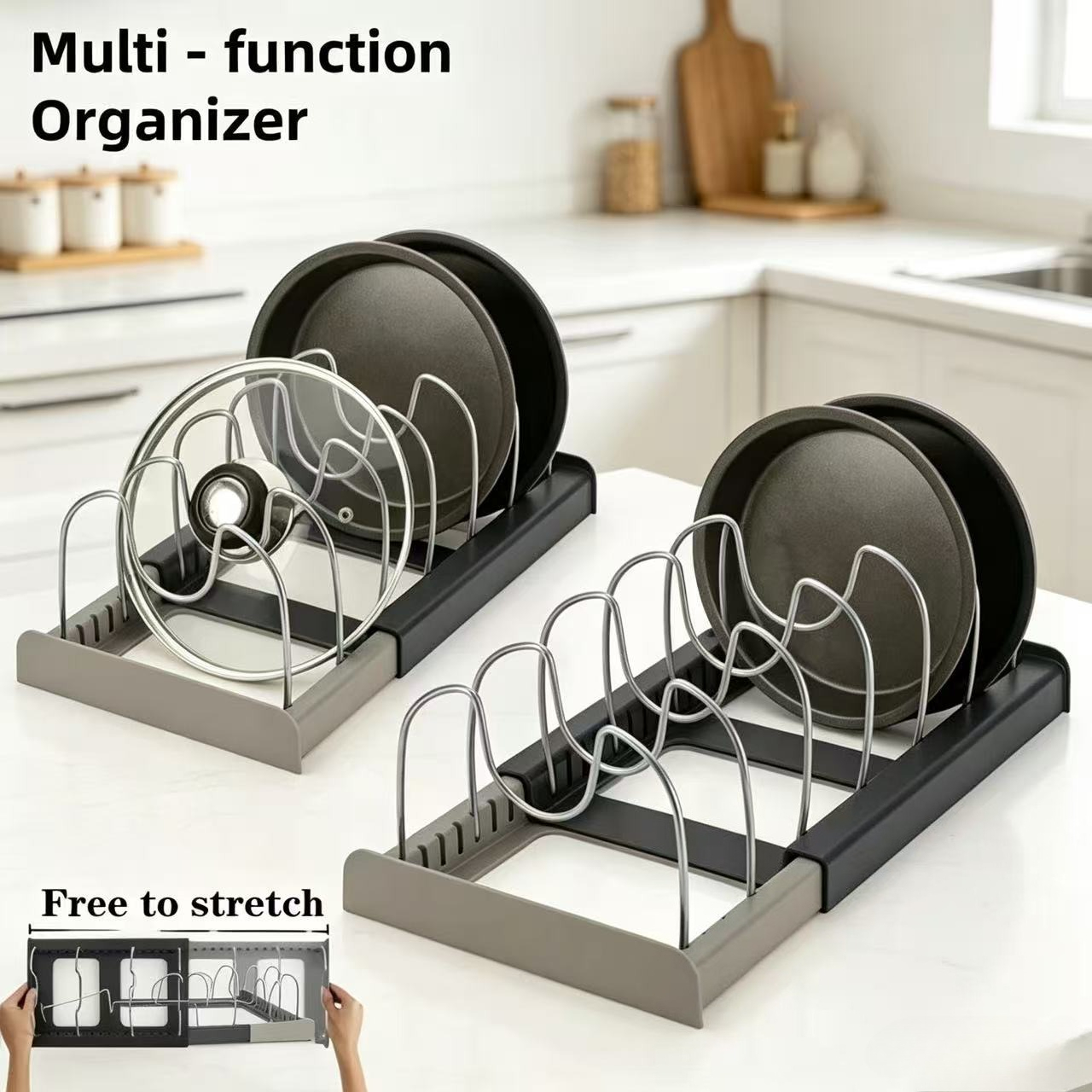 Kitchen Baking Pan Organizer - 7-grid Telescopic Pot Rack,Pans Organizer,Space-saving Cabinet